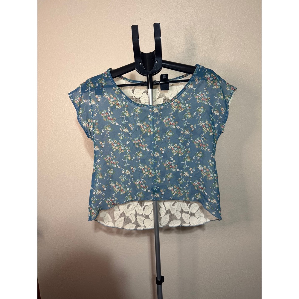 Paper Crane Floral Chiffon Lace Back High Low‎ Top Blue White Womens